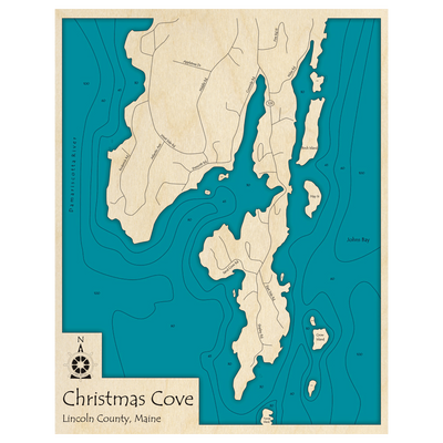 Bathymetric topo map of Christmas Cove, ME with roads, towns and depths noted in blue water.