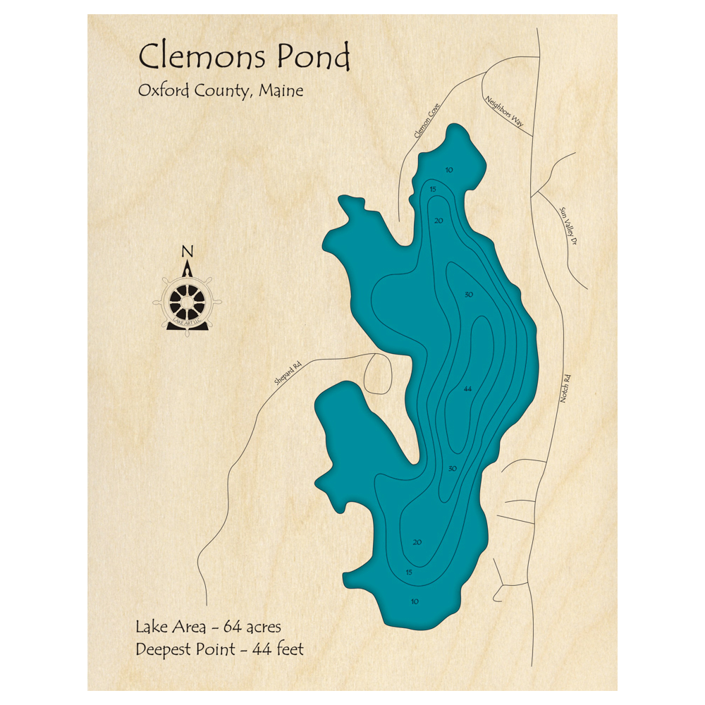 Bathymetric topo map of Clemons Pond, ME with roads, towns and depths noted in blue water.