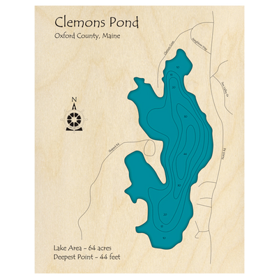 Bathymetric topo map of Clemons Pond, ME with roads, towns and depths noted in blue water.