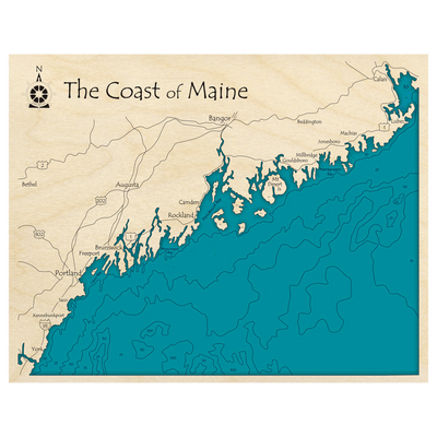 Bathymetric topo map of Coast of Maine, ME with roads, towns and depths noted in blue water.