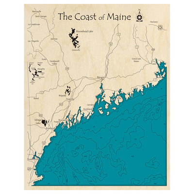 Bathymetric topo map of Coast of Maine, ME with roads, towns and depths noted in blue water.