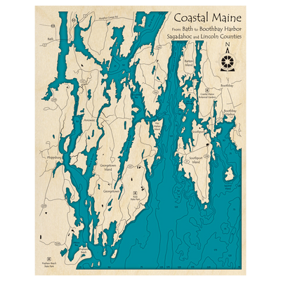 Bathymetric topo map of Coastal Maine, ME with roads, towns and depths noted in blue water.
