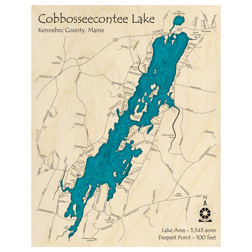 Bathymetric topo map of Lake Cobbosseecontee, ME with roads, towns and depths noted in blue water.