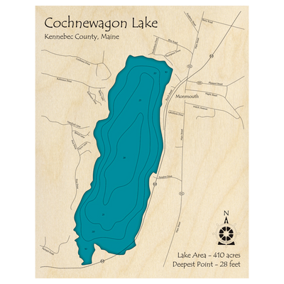 Bathymetric topo map of Cochnewagon Lake, ME with roads, towns and depths noted in blue water.