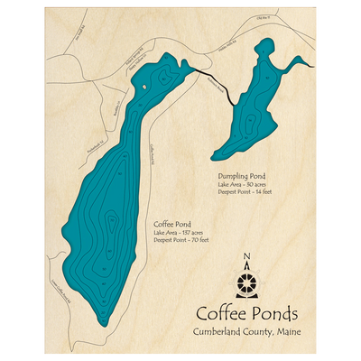 Bathymetric topo map of Coffee Ponds, ME with roads, towns and depths noted in blue water.