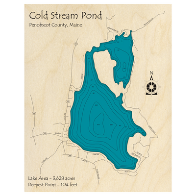 Bathymetric topo map of Cold Stream Pond, ME with roads, towns and depths noted in blue water.