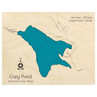 Bathymetric topo map of Craig Pond, ME with roads, towns and depths noted in blue water.