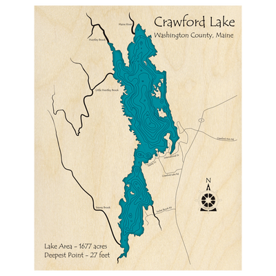 Bathymetric topo map of Crawford Lake, ME with roads, towns and depths noted in blue water.