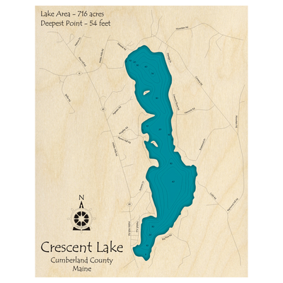 Bathymetric topo map of Crescent Lake, ME with roads, towns and depths noted in blue water.
