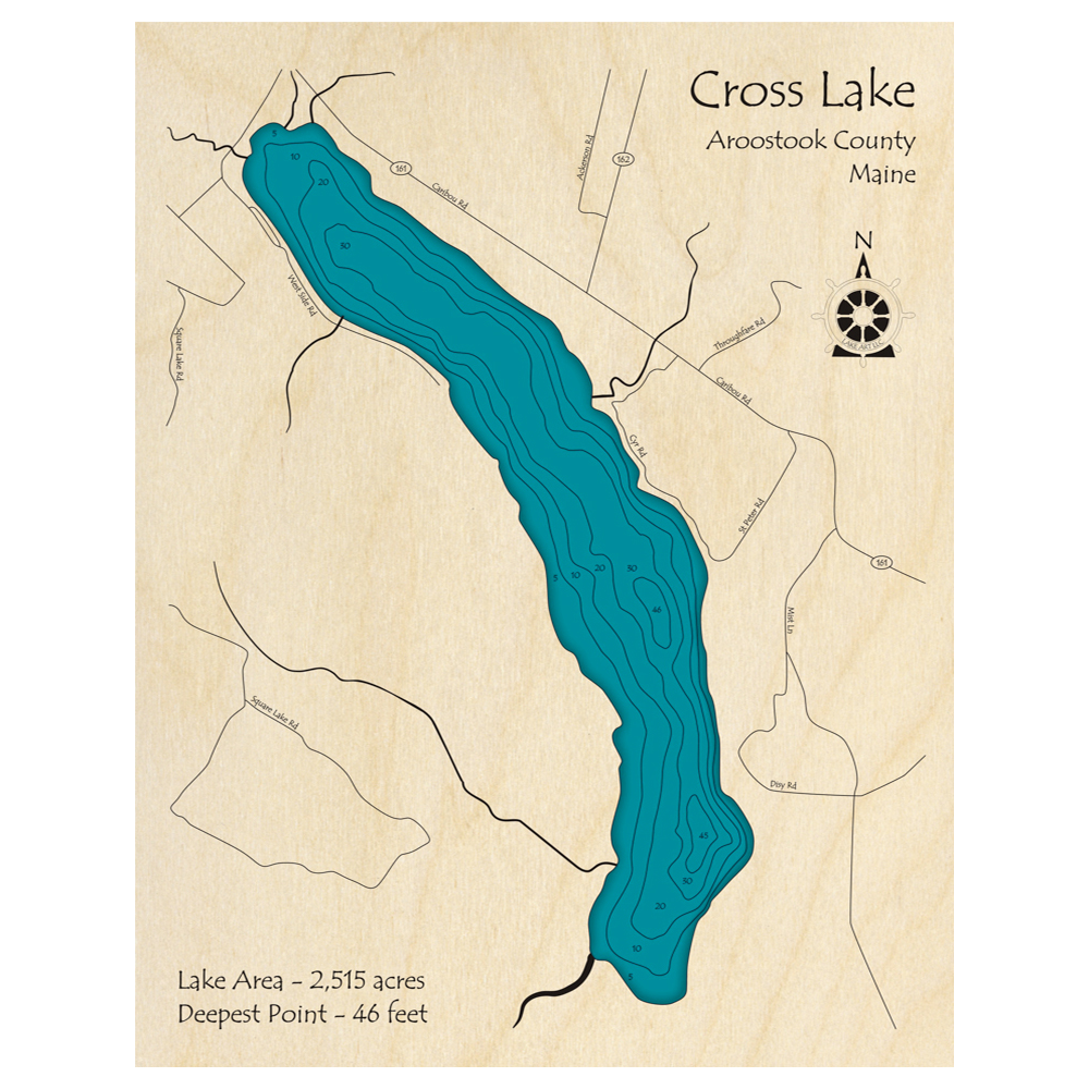 Bathymetric topo map of Cross Lake, ME with roads, towns and depths noted in blue water.