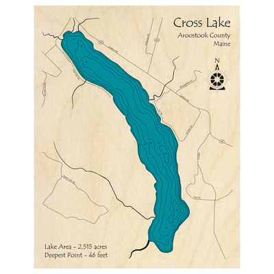 Bathymetric topo map of Cross Lake, ME with roads, towns and depths noted in blue water.