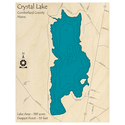 Bathymetric topo map of Crystal Lake, ME with roads, towns and depths noted in blue water.