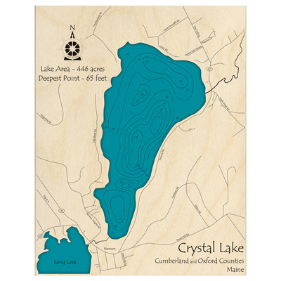 Bathymetric topo map of Crystal Lake, ME with roads, towns and depths noted in blue water.