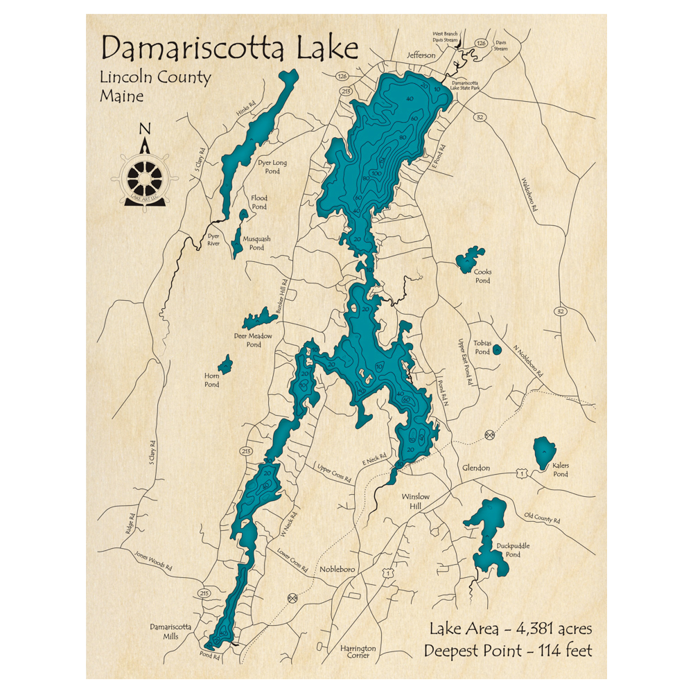 Bathymetric topo map of Damariscotta Lake, ME with roads, towns and depths noted in blue water.