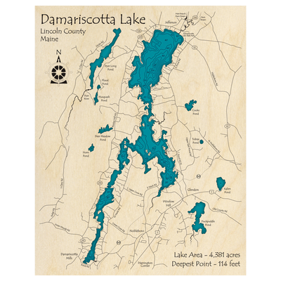 Bathymetric topo map of Damariscotta Lake, ME with roads, towns and depths noted in blue water.