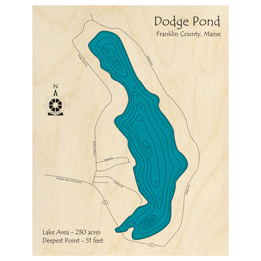 Bathymetric topo map of Dodge Pond, ME with roads, towns and depths noted in blue water.
