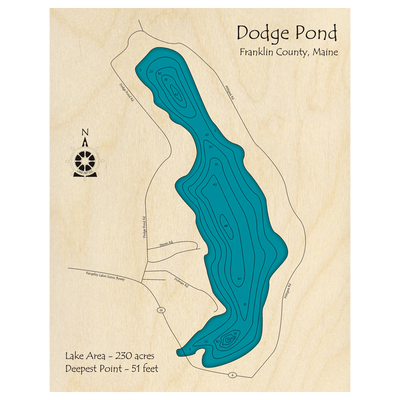 Bathymetric topo map of Dodge Pond, ME with roads, towns and depths noted in blue water.