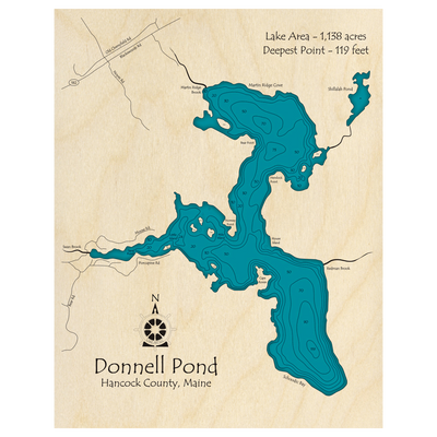 Bathymetric topo map of Donnell Pond, ME with roads, towns and depths noted in blue water.