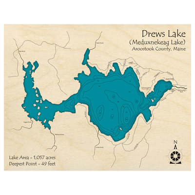 Bathymetric topo map of Drews Lake, ME with roads, towns and depths noted in blue water.