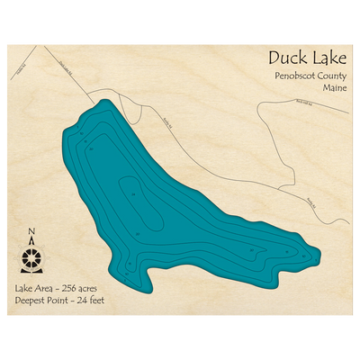Bathymetric topo map of Duck Lake, ME with roads, towns and depths noted in blue water.