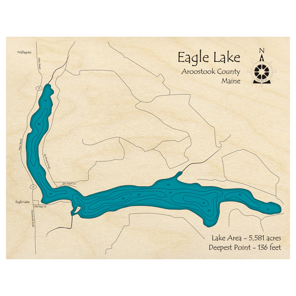Bathymetric topo map of Eagle Lake, ME with roads, towns and depths noted in blue water.