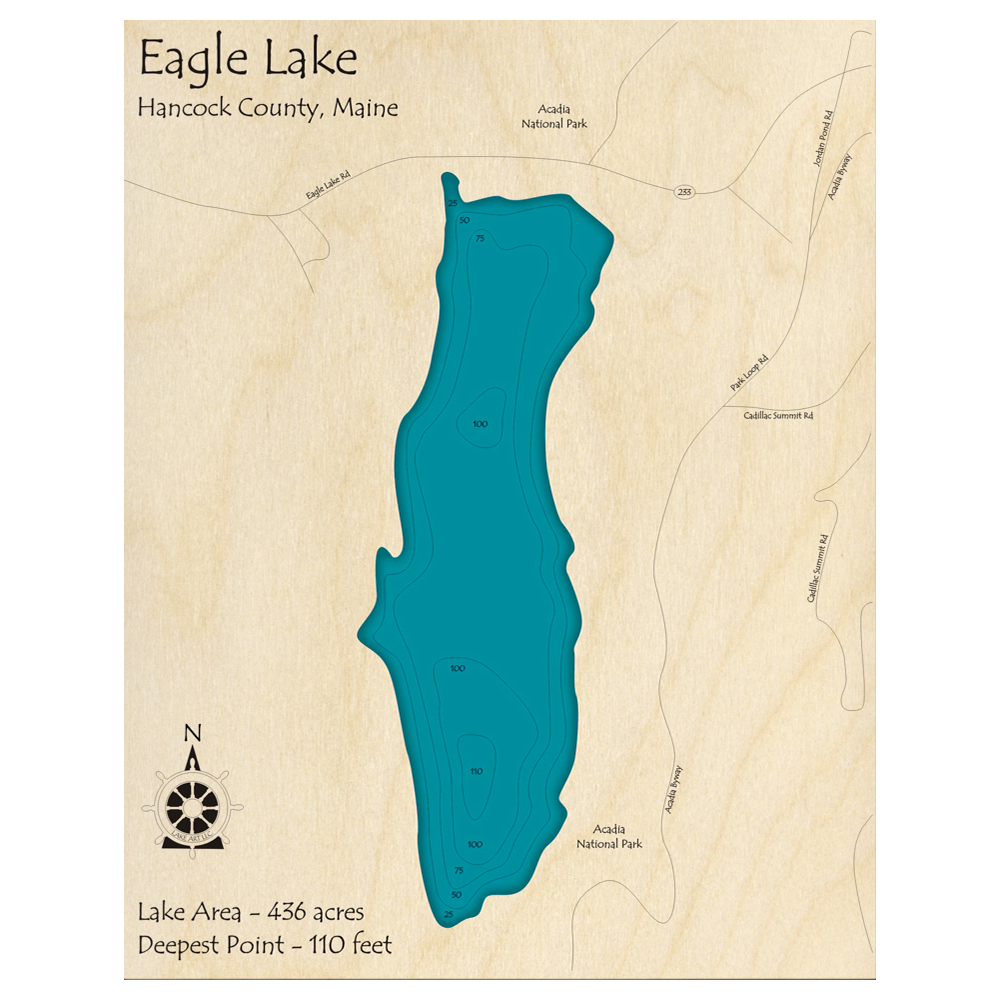 Bathymetric topo map of Eagle Lake, ME with roads, towns and depths noted in blue water.