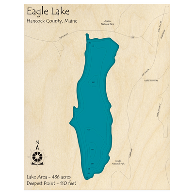 Bathymetric topo map of Eagle Lake, ME with roads, towns and depths noted in blue water.