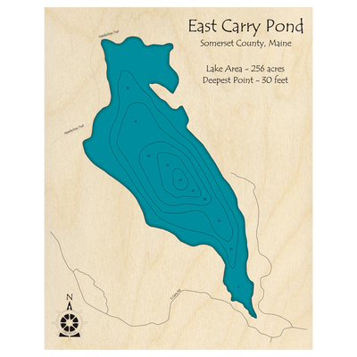 Bathymetric topo map of East Carry Pond, ME with roads, towns and depths noted in blue water.