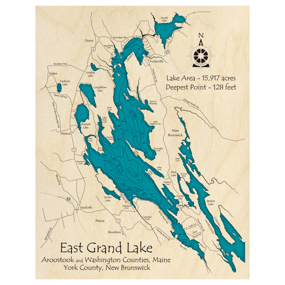 East Grand Lake (NB, ME) 3D Custom Wood Map – Lake Art LLC