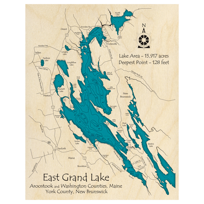 Bathymetric topo map of East Grand Lake (NB, ME) with roads, towns and depths noted in blue water.