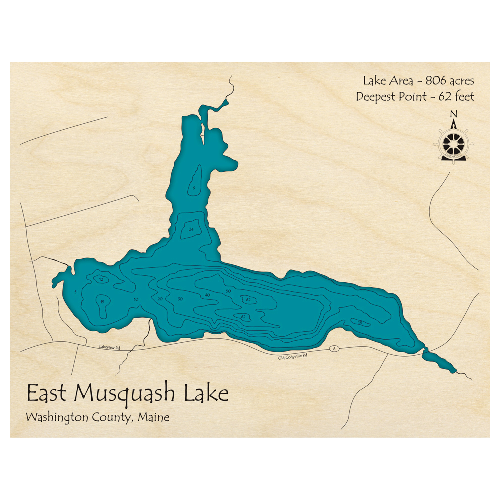 Bathymetric topo map of East Musquash Lake, ME with roads, towns and depths noted in blue water.