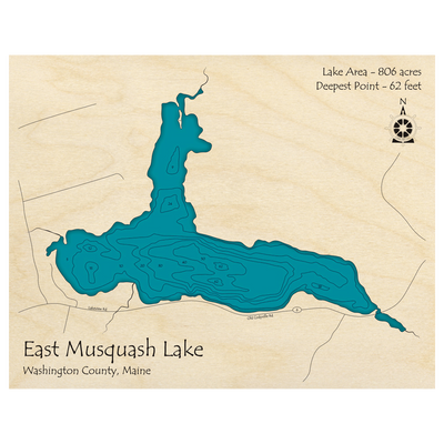 Bathymetric topo map of East Musquash Lake, ME with roads, towns and depths noted in blue water.