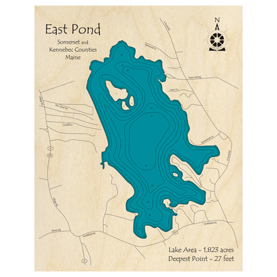 Bathymetric topo map of East Pond, ME with roads, towns and depths noted in blue water.