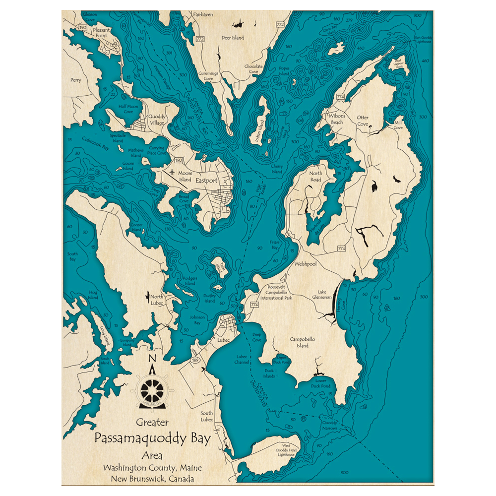 Bathymetric topo map of Greater Passamaquoddy Bay Area (NB, ME) with roads, towns and depths noted in blue water.