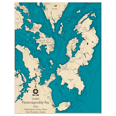 Bathymetric topo map of Greater Passamaquoddy Bay Area (NB, ME) with roads, towns and depths noted in blue water.