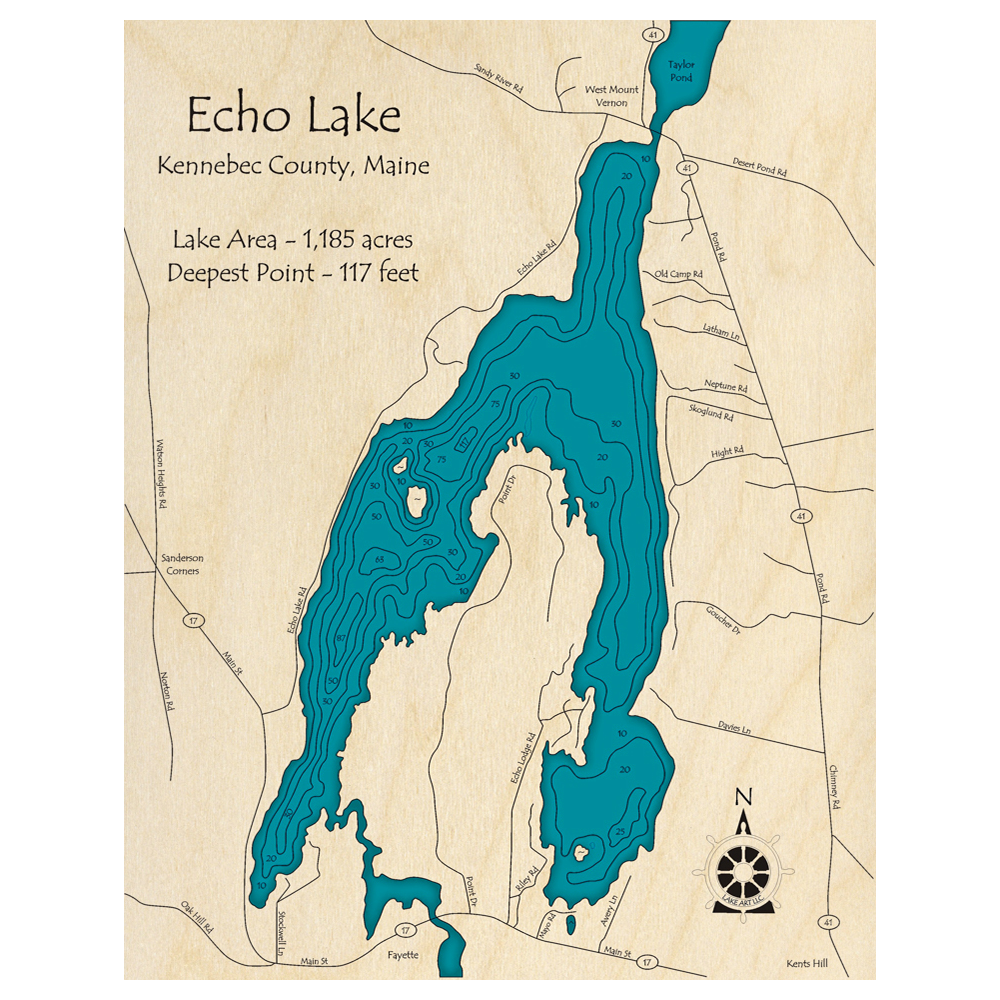 Bathymetric topo map of Echo Lake, ME with roads, towns and depths noted in blue water.