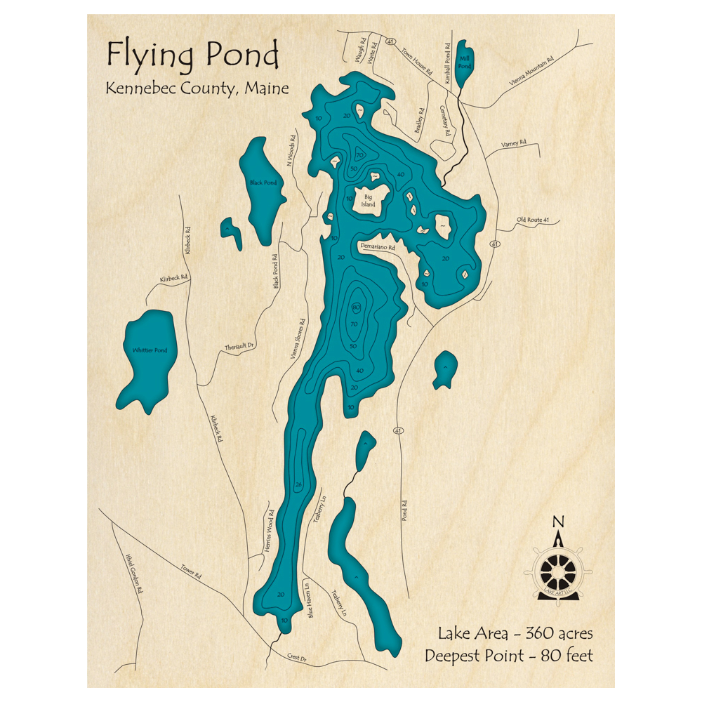 Bathymetric topo map of Flying Pond, ME with roads, towns and depths noted in blue water.