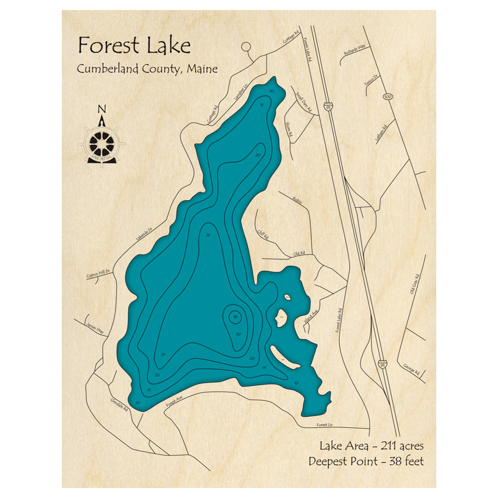 Bathymetric topo map of Forest Lake, ME with roads, towns and depths noted in blue water.