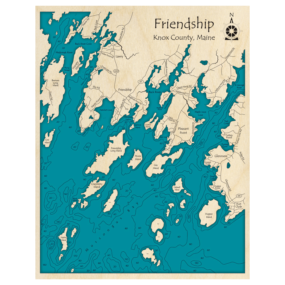 Friendship Me Map Friendship, Maine 3D Custom Wood Map – Lake Art LLC