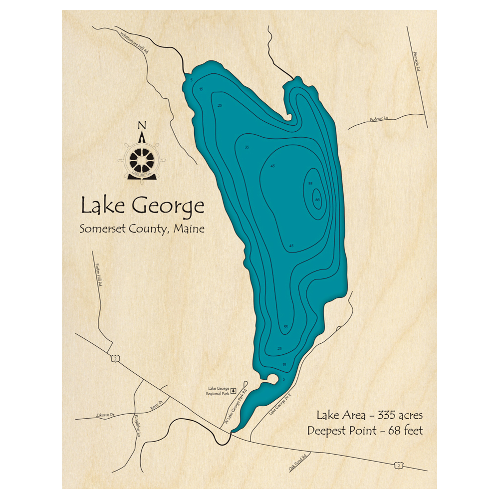 Bathymetric topo map of Lake George, ME with roads, towns and depths noted in blue water.