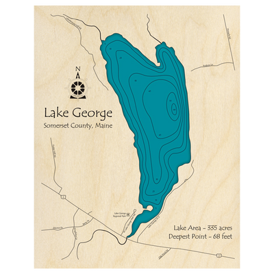 Bathymetric topo map of Lake George, ME with roads, towns and depths noted in blue water.