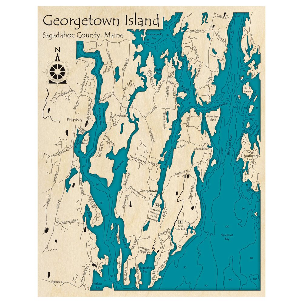 Bathymetric topo map of Georgetown Island, ME with roads, towns and depths noted in blue water.