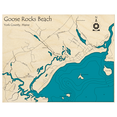 Bathymetric topo map of Goose Rocks Beach, ME with roads, towns and depths noted in blue water.