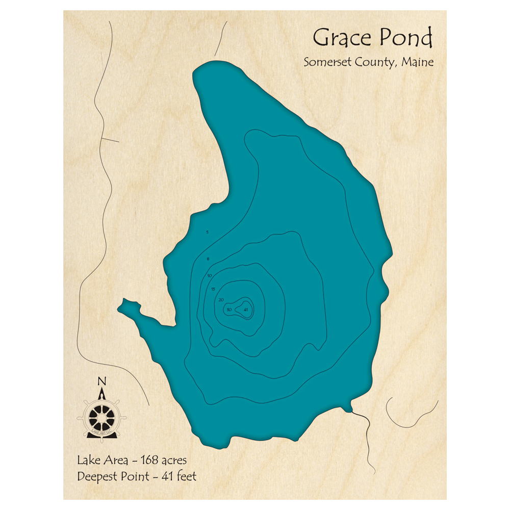 Bathymetric topo map of Grace Pond, ME with roads, towns and depths noted in blue water.