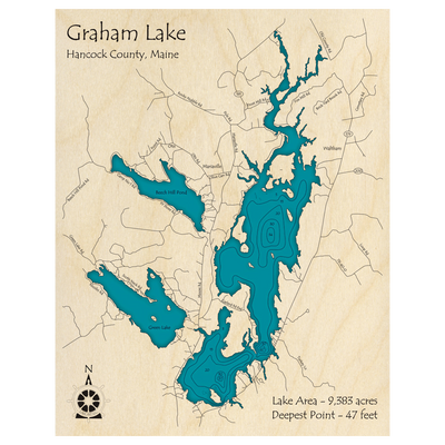 Bathymetric topo map of Graham Lake, ME with roads, towns and depths noted in blue water.