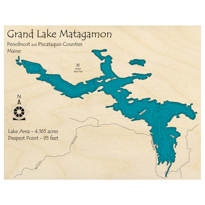 Bathymetric topo map of Grand Lake Matagamon, ME with roads, towns and depths noted in blue water.