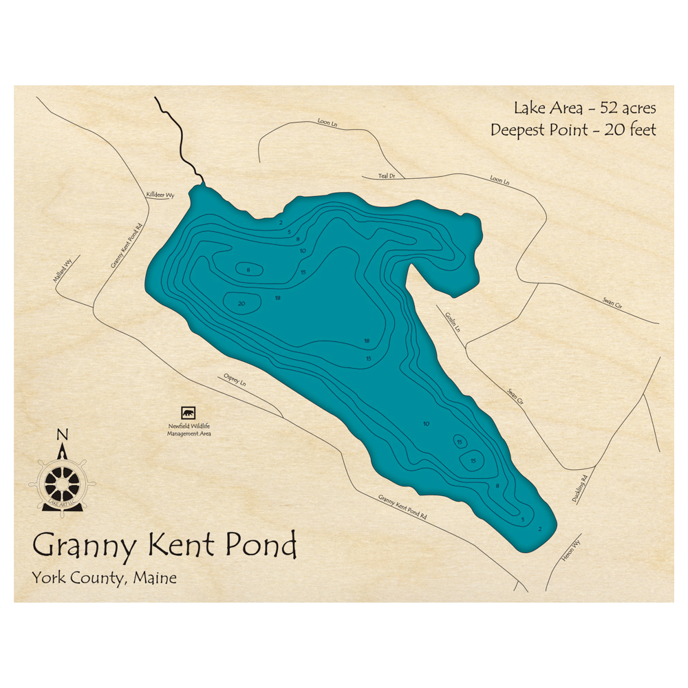 Bathymetric topo map of Granny Kent Pond, ME with roads, towns and depths noted in blue water.