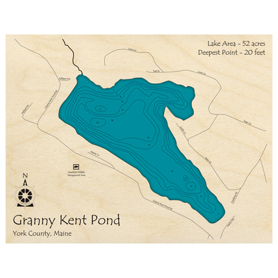 Bathymetric topo map of Granny Kent Pond, ME with roads, towns and depths noted in blue water.