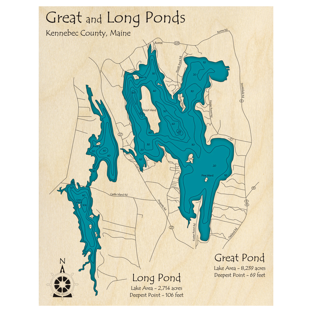 Bathymetric topo map of Great Pond, ME with roads, towns and depths noted in blue water.