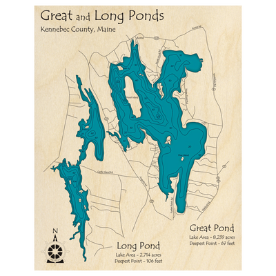 Bathymetric topo map of Great Pond, ME with roads, towns and depths noted in blue water.